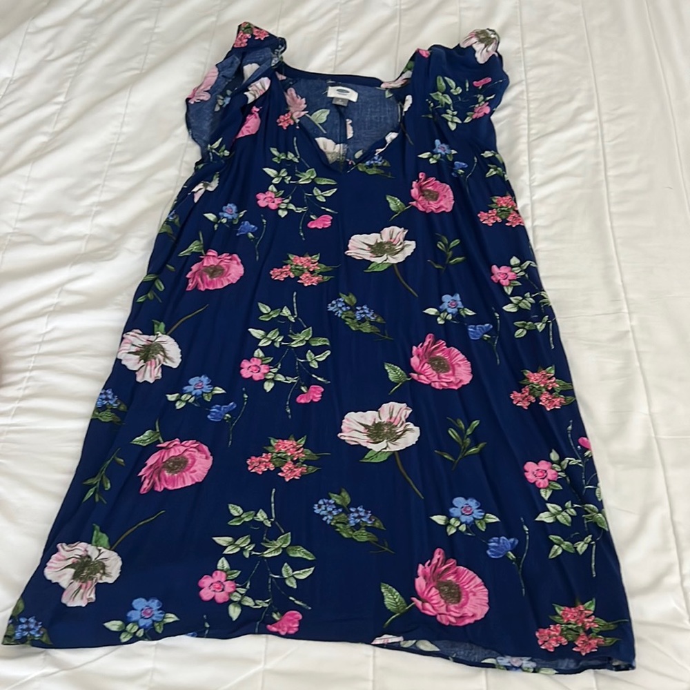 Blue Floral, Knee Length, Cap Sleeve Dress